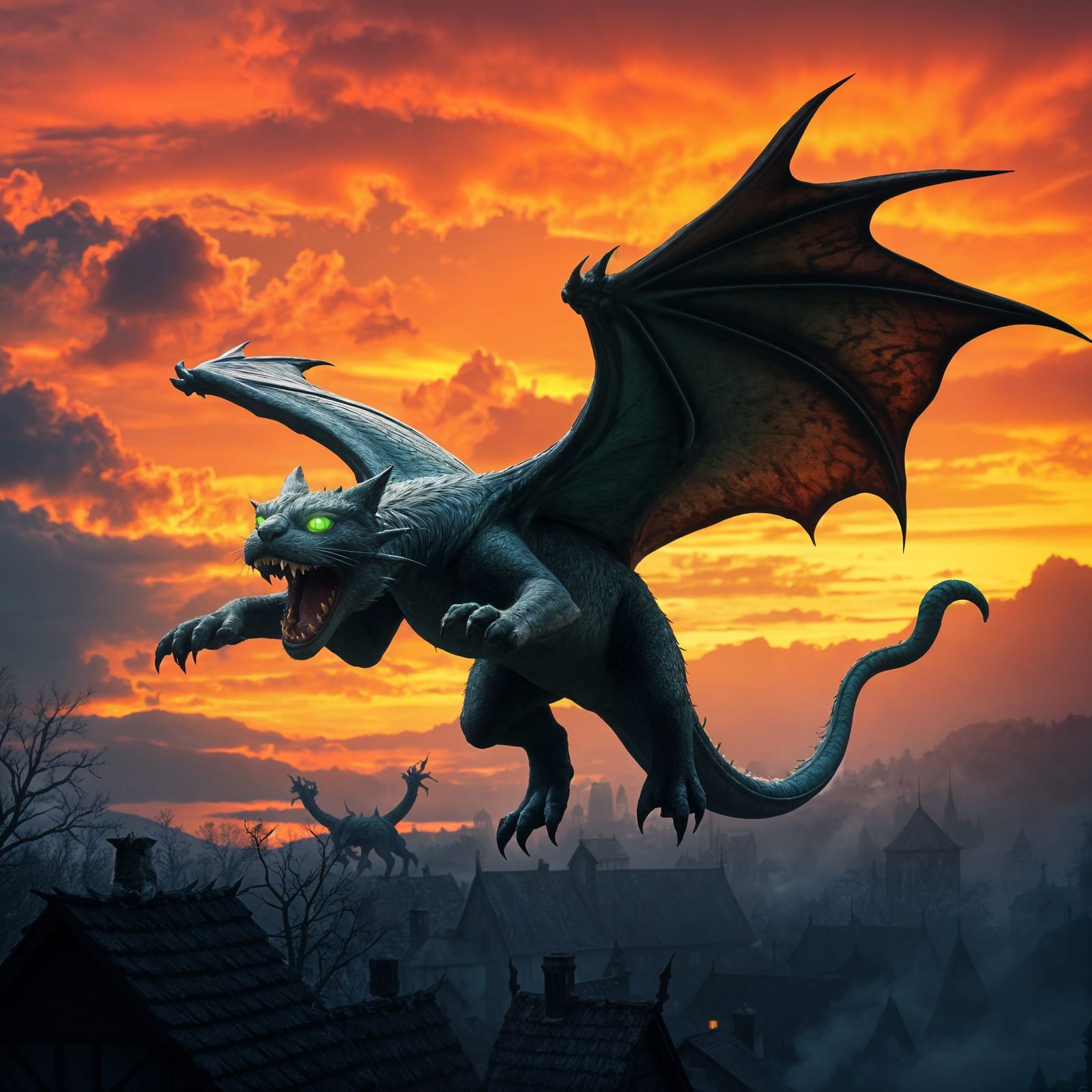 Medieval Village Under Siege by a Furry Dragon Cat