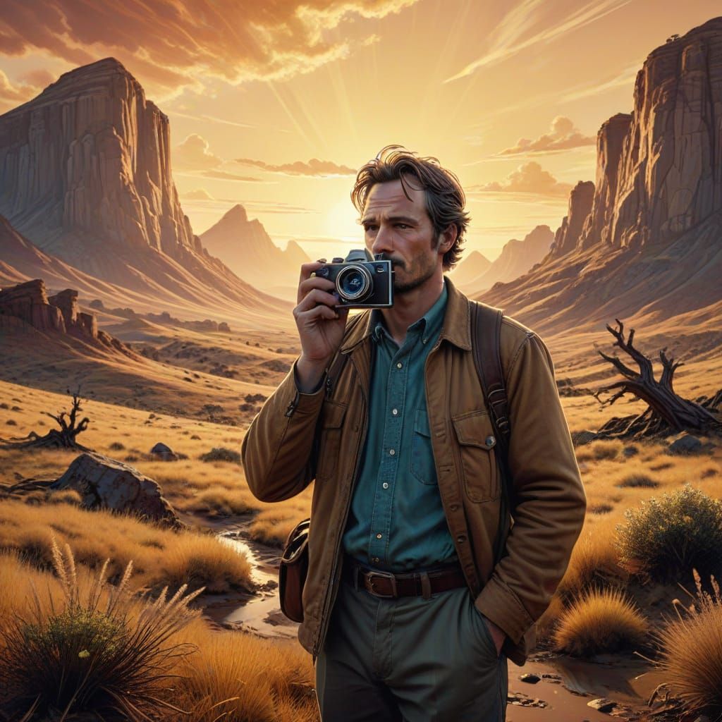 Aged Photographer Contemplates Memories in Dreamlike Landsca...