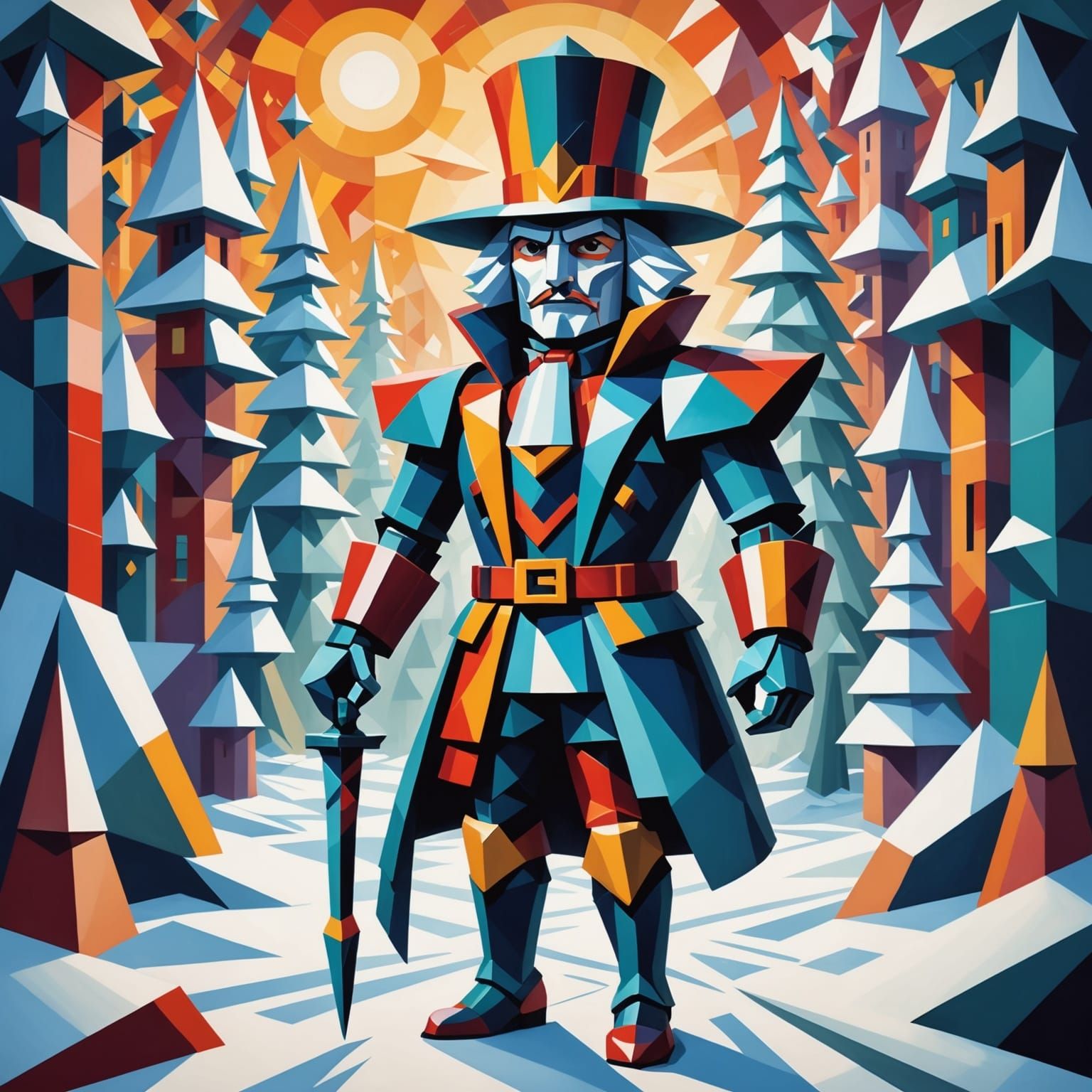 Cubist Warlock Figures in Art Deco Style