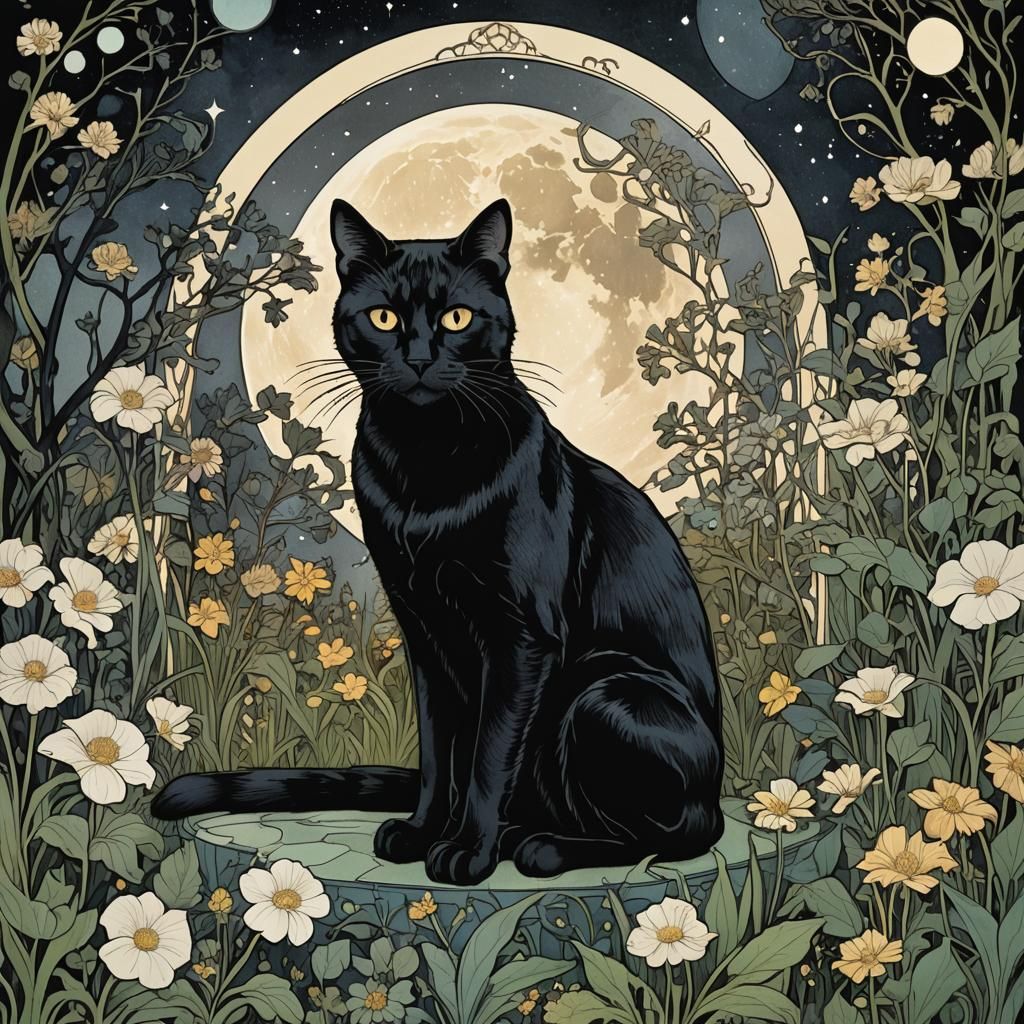 Art Nouveau Black Cat Under Full Moon