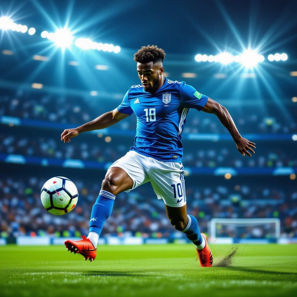 Footballer Juggles Ball on Pitch in Hyperrealistic Style