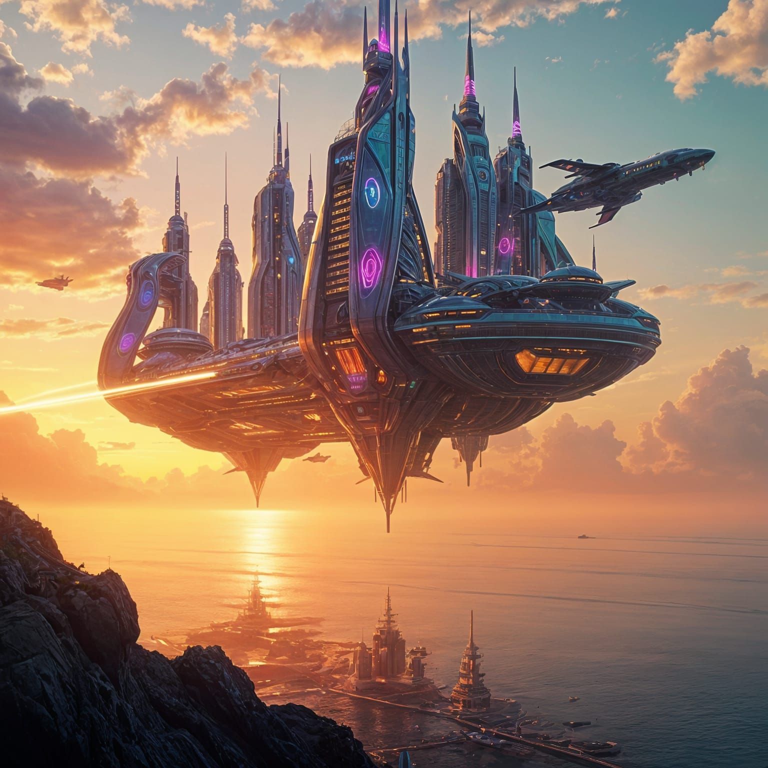 Floating Metropolis Radiates Neon Color at Sunset
