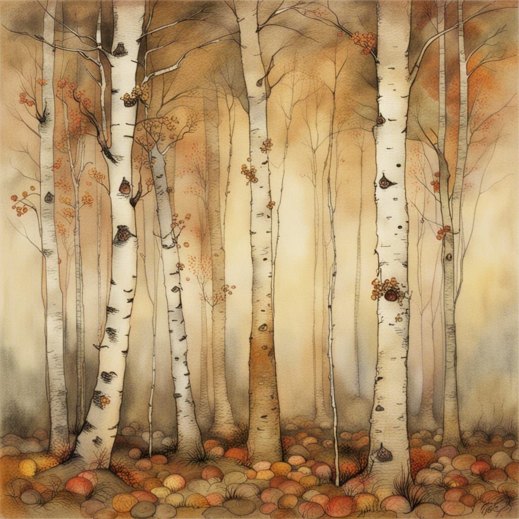 Autumnal Birch Trees in Whimsical Style