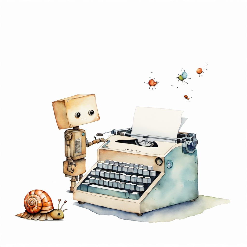 Retro Robot at Typewriter in Minimalist Watercolour