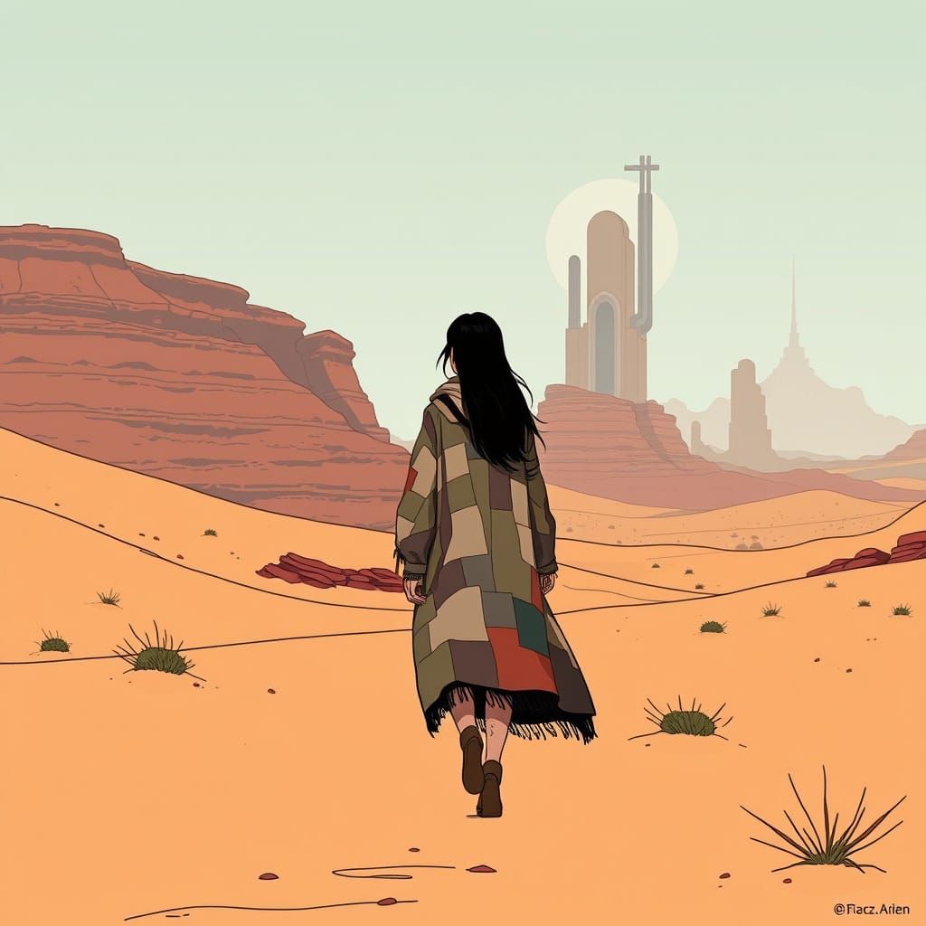 Sci-Fi Desert Wanderer in Minimalist Style