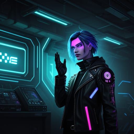 Cyberpunk Figure in Neon Alley with Bioluminescent Details