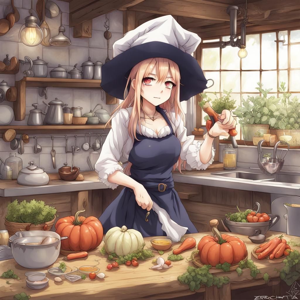 Anime Style Kitchen Witch Illustration