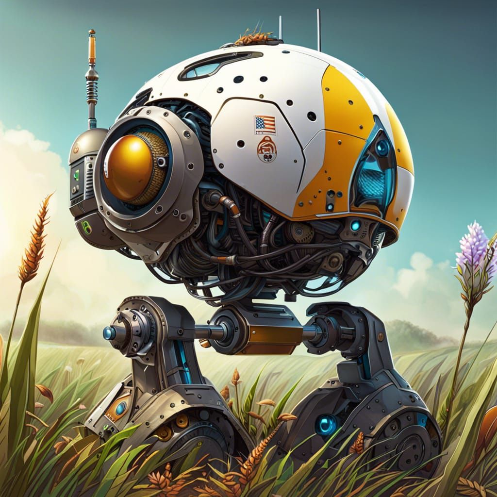 Cute Egg-Shaped Farming Robot in Colorful Digital Art