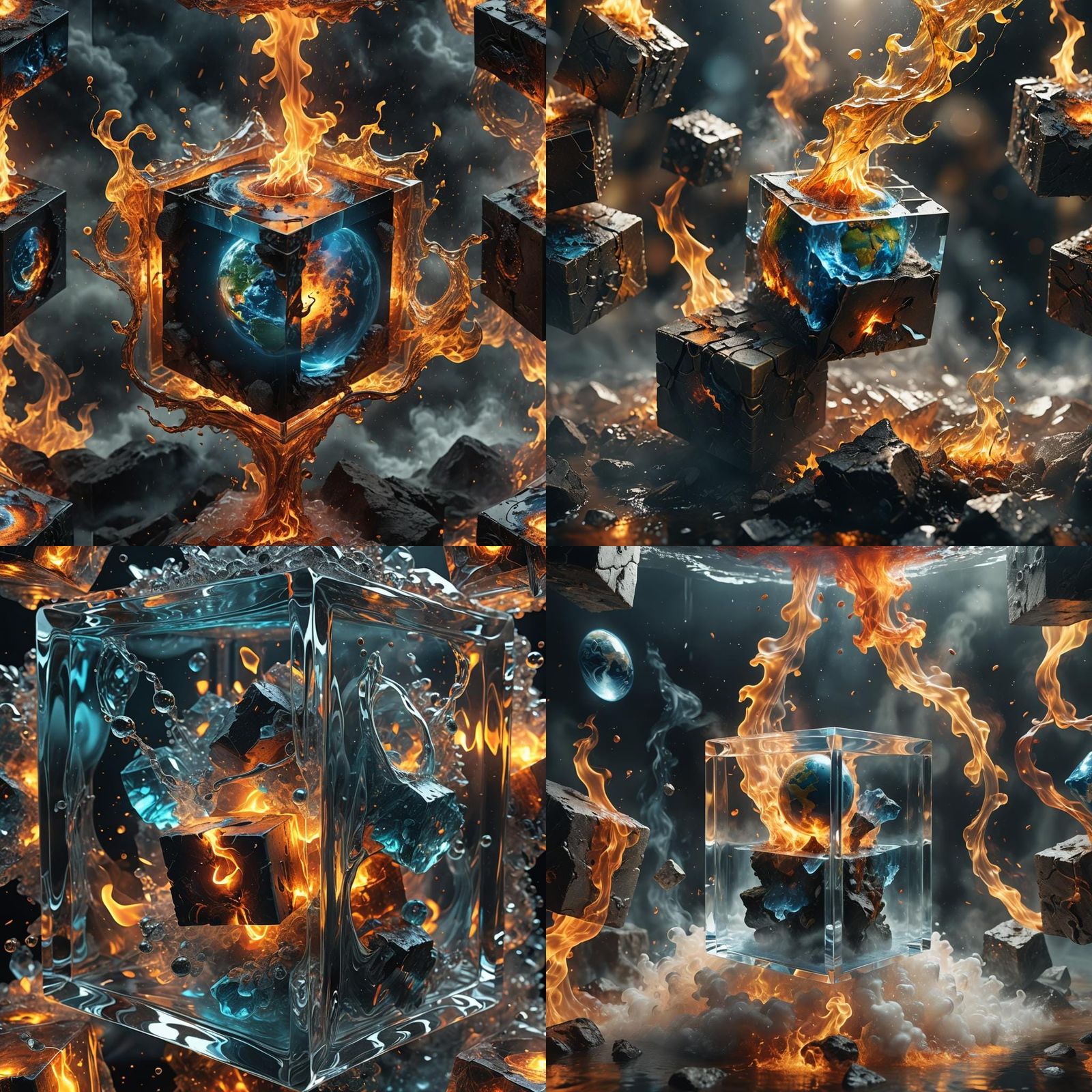 Elements Inside a Cube: Hyperrealistic Image