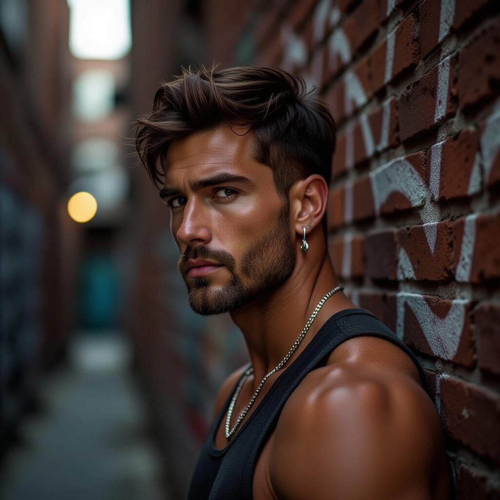 Stoic Man with Silver Earring on Graffiti Wall