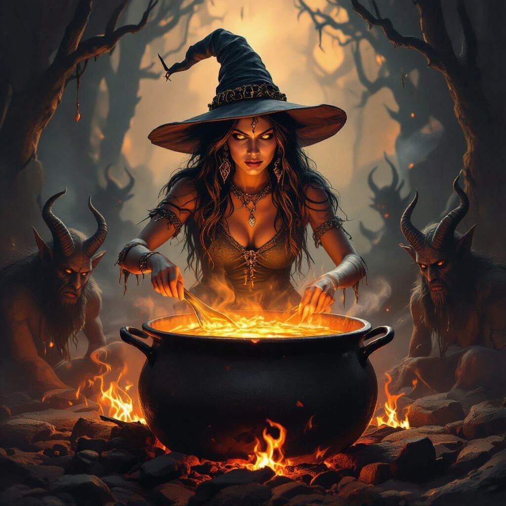 Horrible Witch Brews Potion Amidst Demonic Shadows