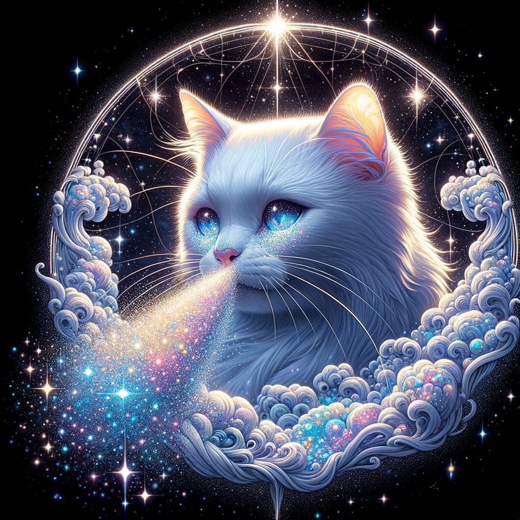 Glittering White Cat Sneezes in Vibrant 3D Anime Style