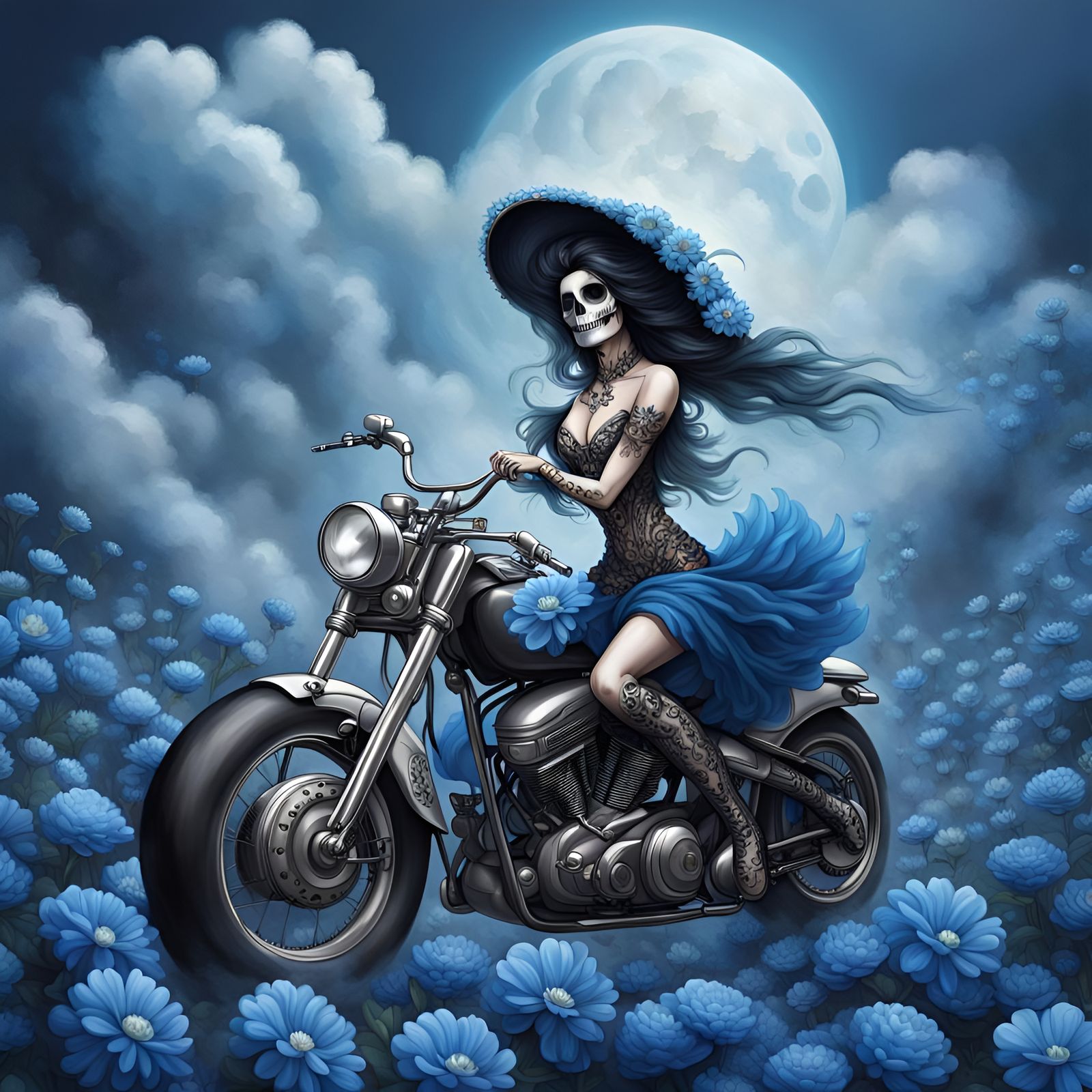 Catrina Skull on Motorcycle in Baroque Fantasycore Style