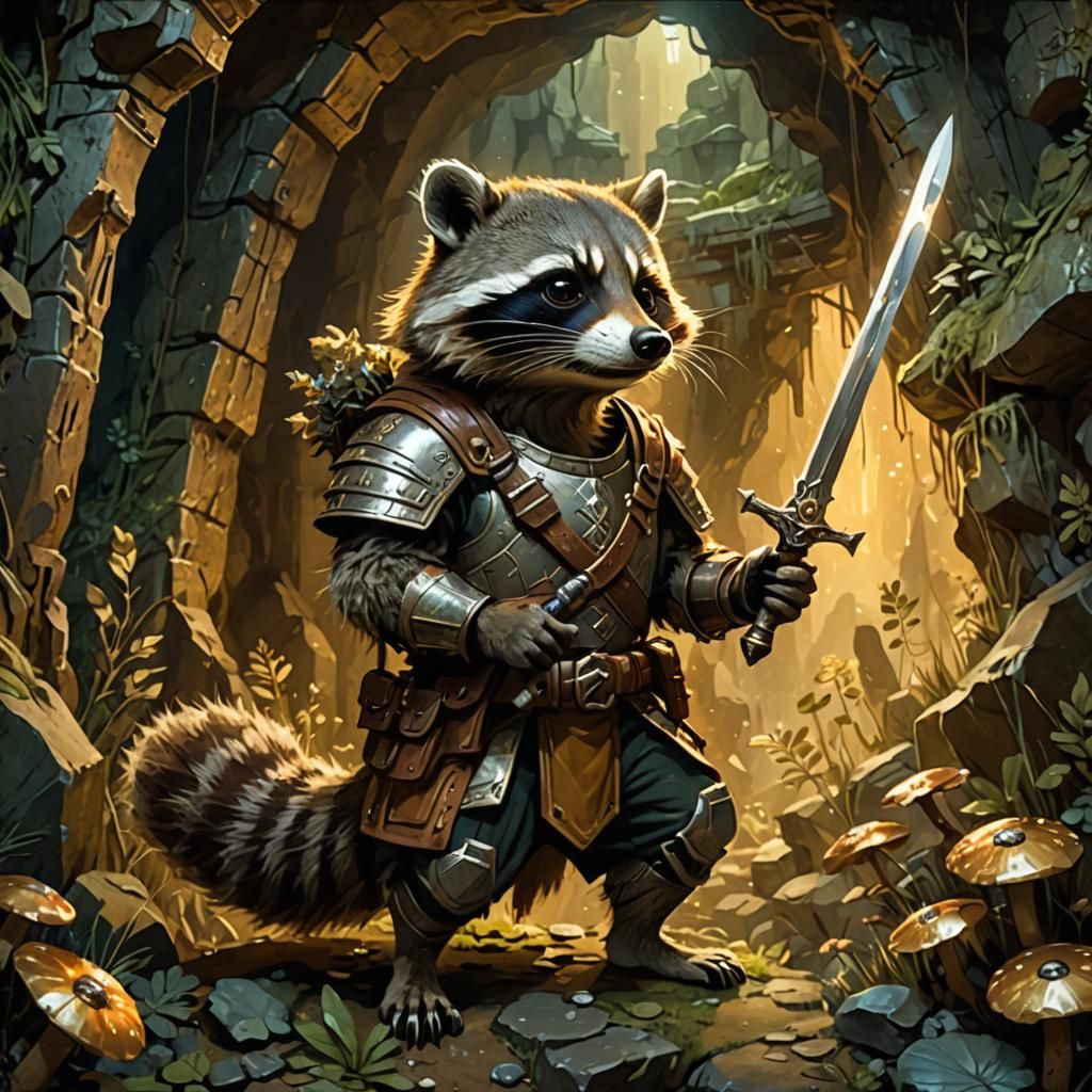 Armored Raccoon Rogue in Mossy Cave, Fantasy Art