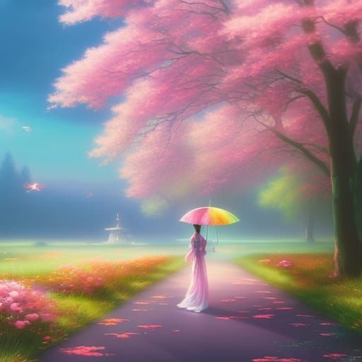 Anime Girl with Umbrella in Rainy Neon Art