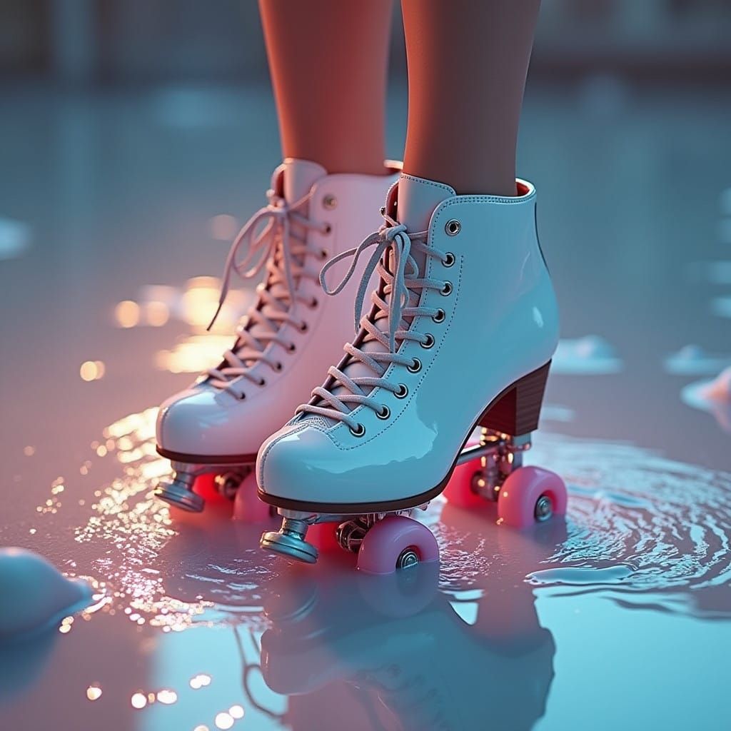 Woman's Feet in Roller Skates Standing in a Shimmering Pool...