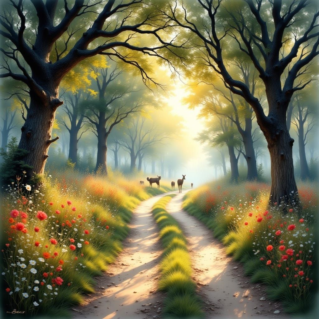 Ethereal Morning Serenity in Ancient Gold Watercolor Style