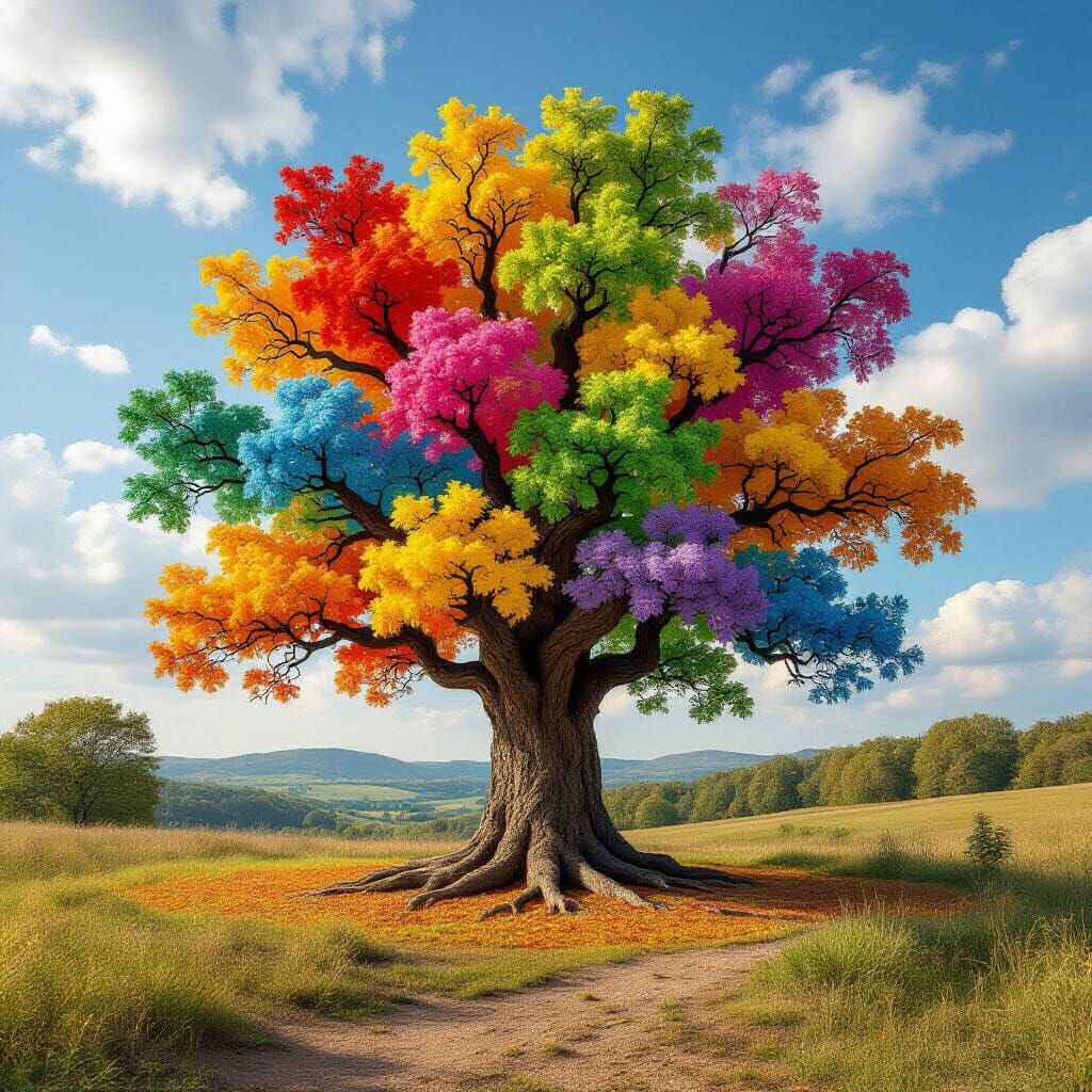 Abstract Tree Drawing in Vibrant, Surreal Style