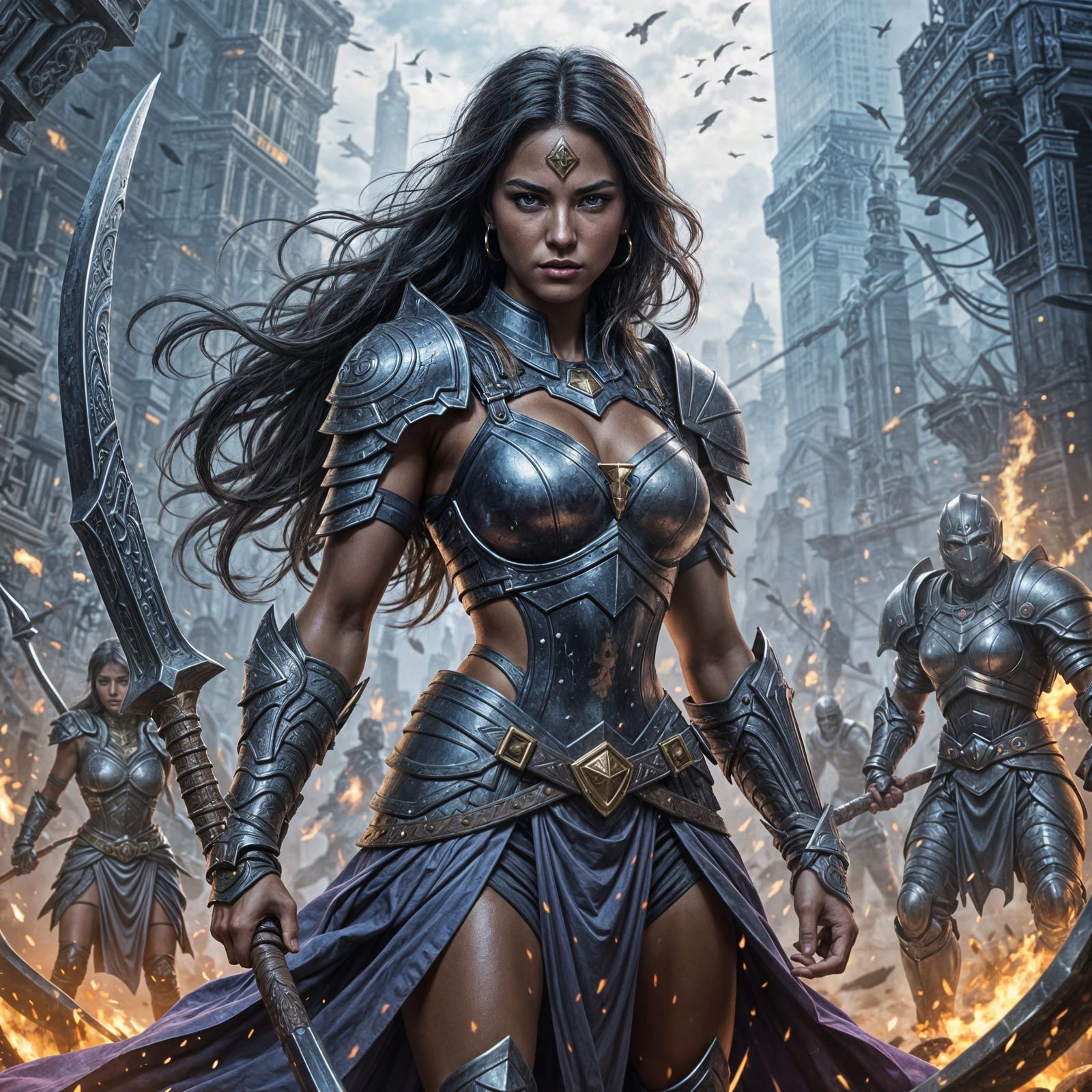 Fierce Warrior Woman in Battle: Detailed Matte Painting