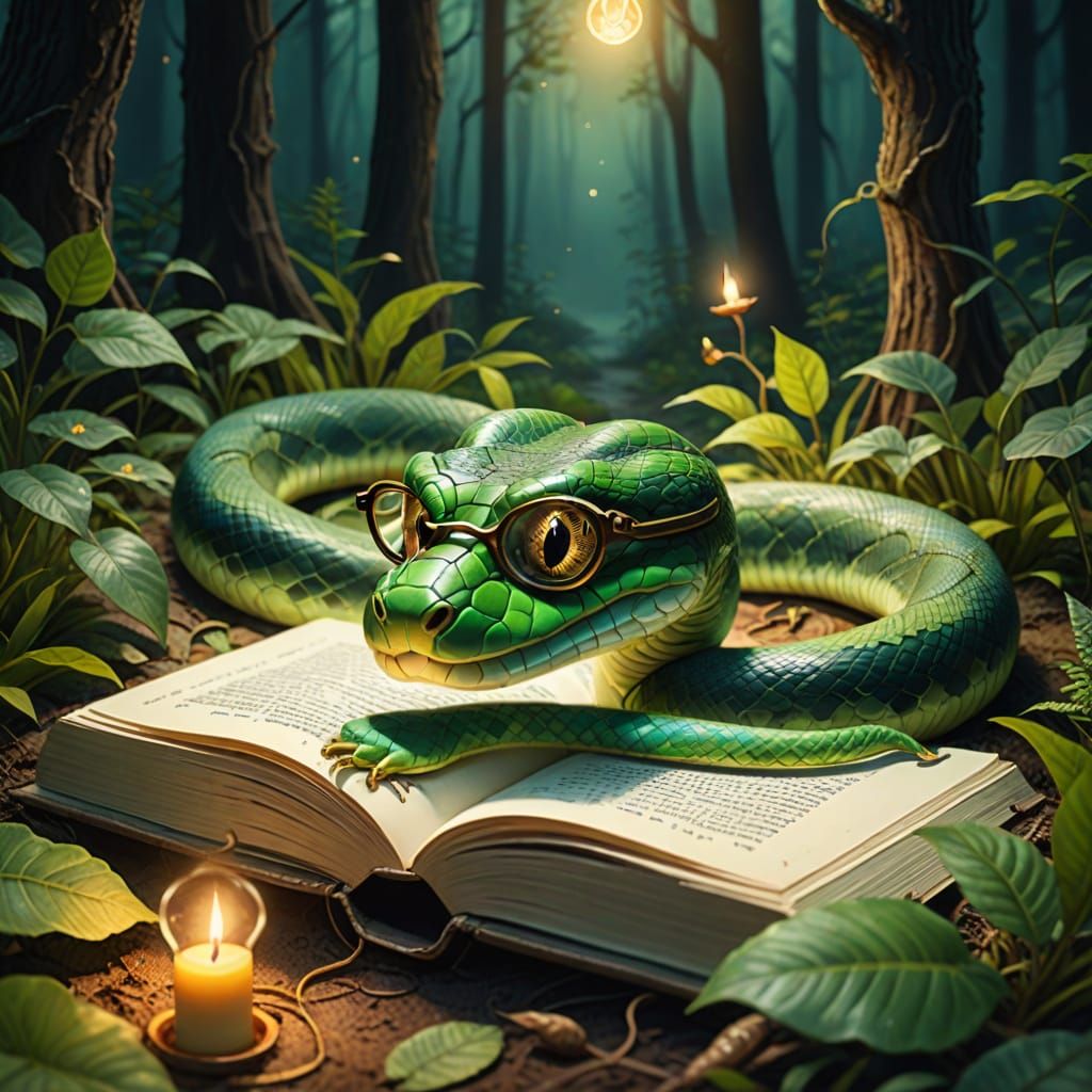 Green Snake Reading Book in Moonlit Forest