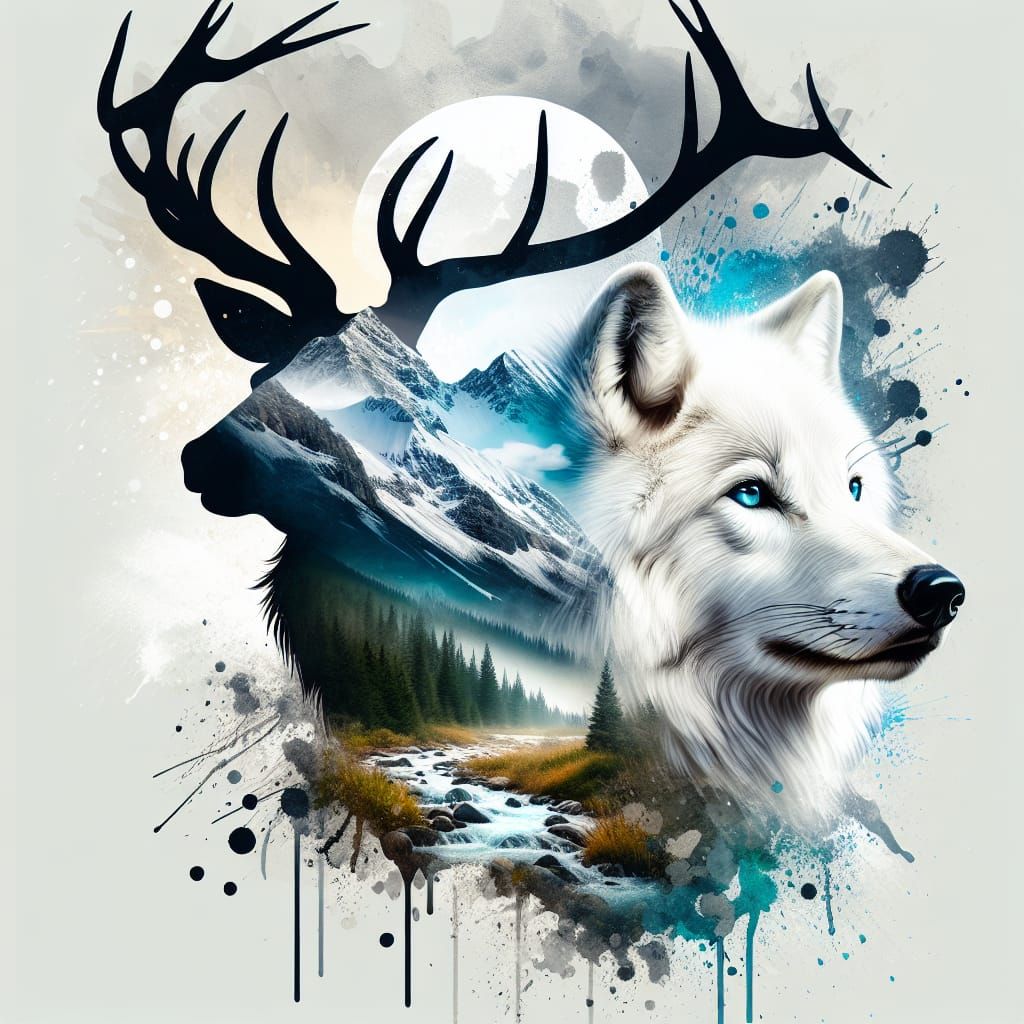 Arctic Wolf Portrait with Mountain Scene