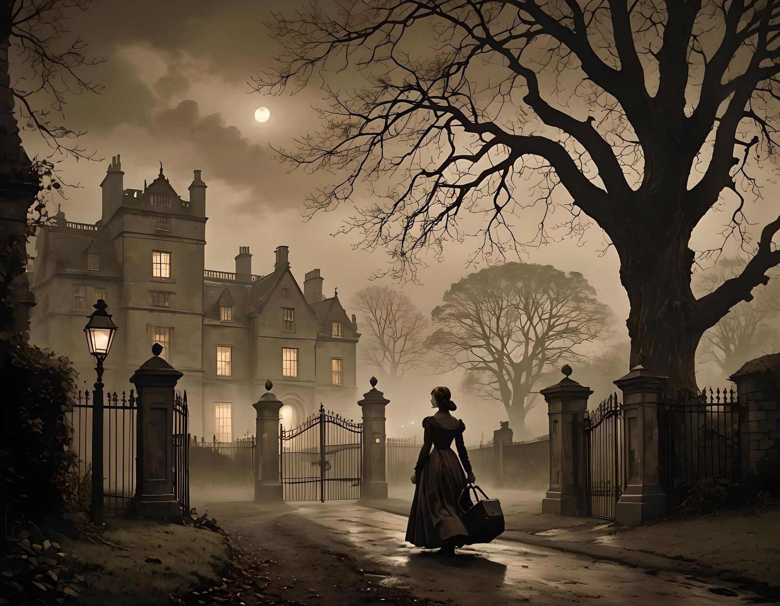 Jane Eyre Arrives at Gloomy Estate, Sepia Digital Painting