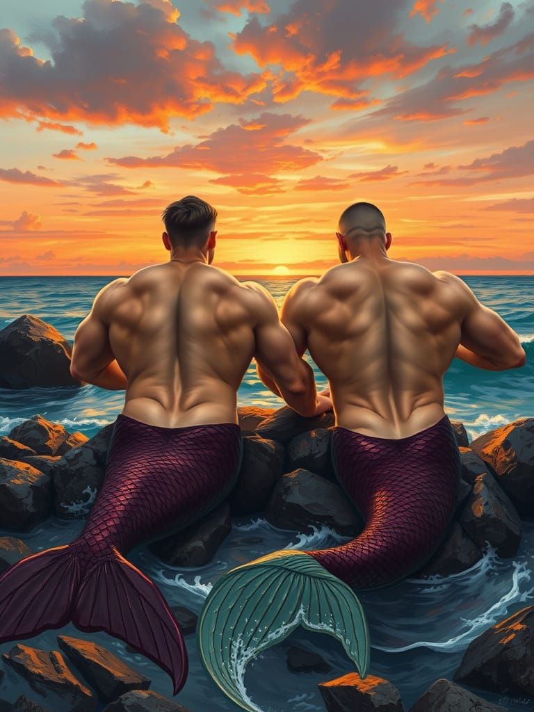 Mermen at Sunset: Acrylic Seascape Painting