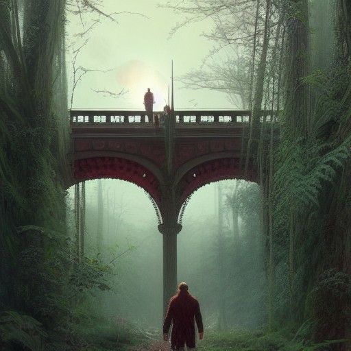 Man Walks Cosmic Bridge in Hyperrealistic Digital Art