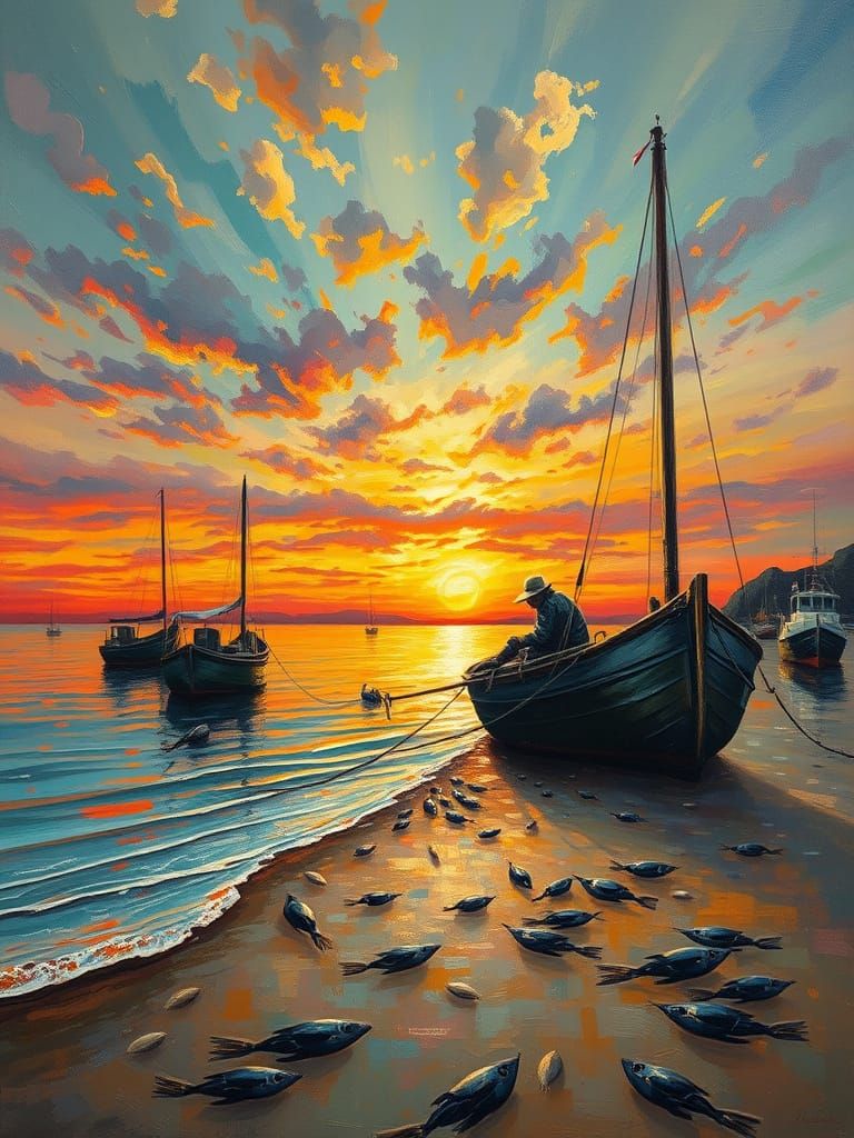 Surrealist Fisherman's Serenity at Sunset