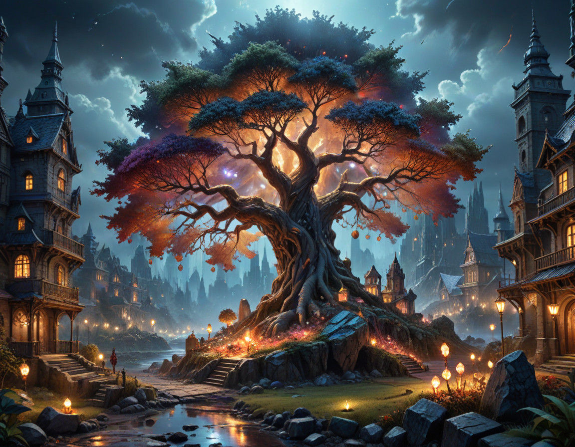 Crystal Healing City with Precious Gems and Glowing Fruits i...