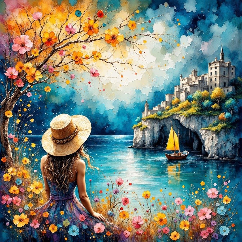 Impressionist Bay with Boat and Woman in Hat