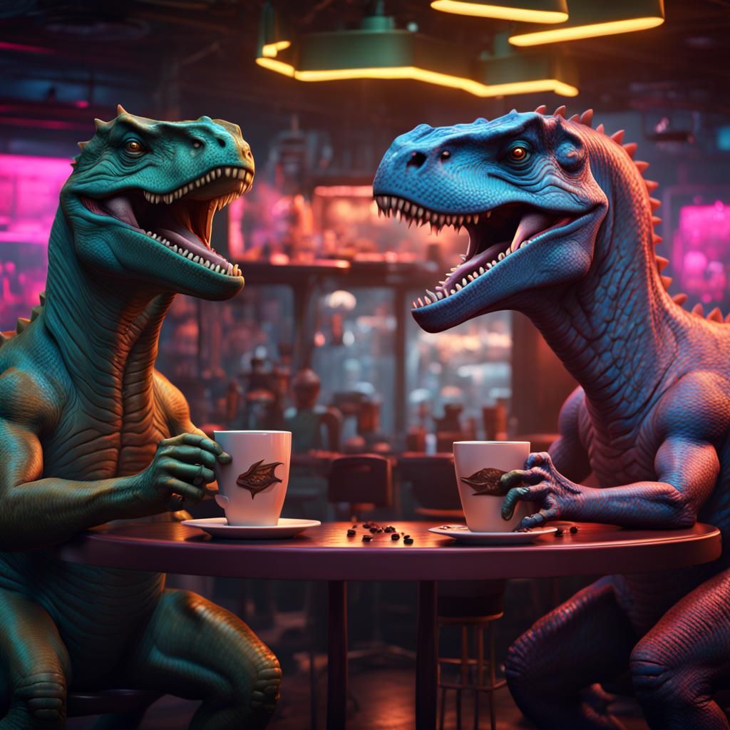 Dinosaurs Enjoying Coffee in Neon Cafe