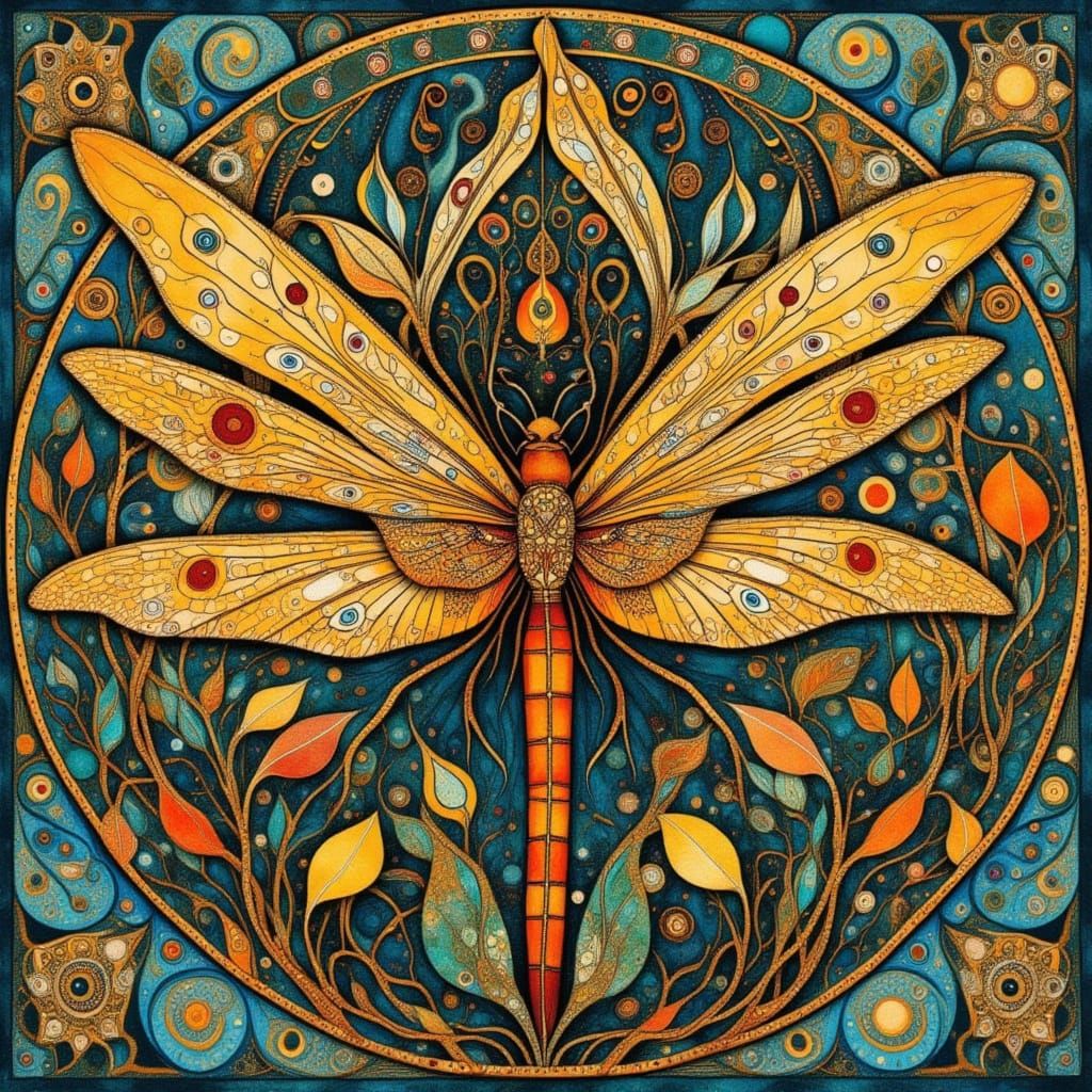 Dragonfly in Mirrored Sections, Art Nouveau Style