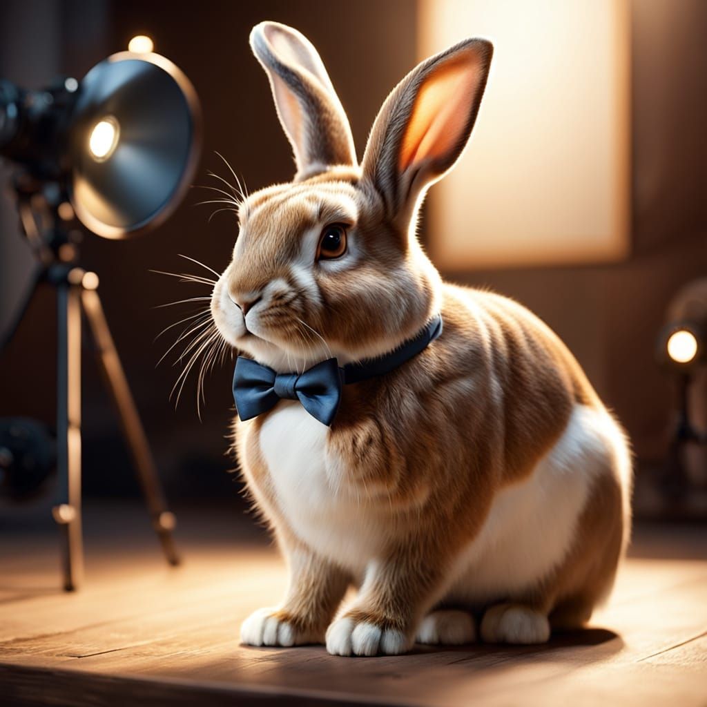 Solemn Rabbit in Photographer's Studio, Softbox Lighting, 3D...