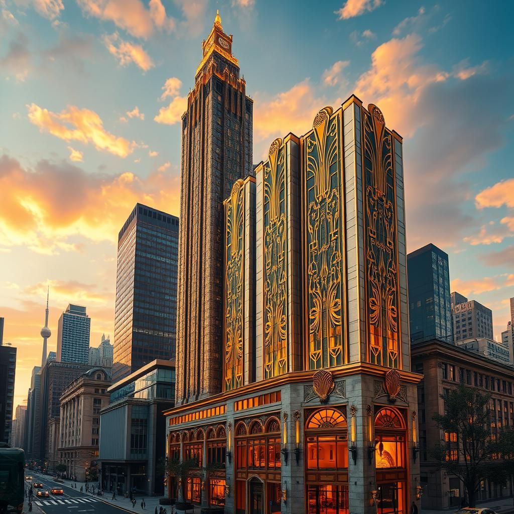Luxurious Art Deco Skyscraper in 1920s Cityscape