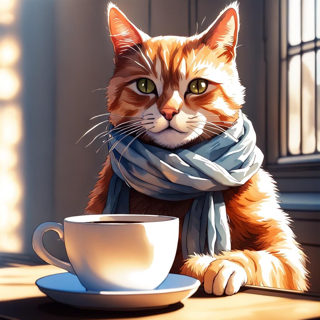 Cat in Scarf Drinking Coffee: Watercolor Art