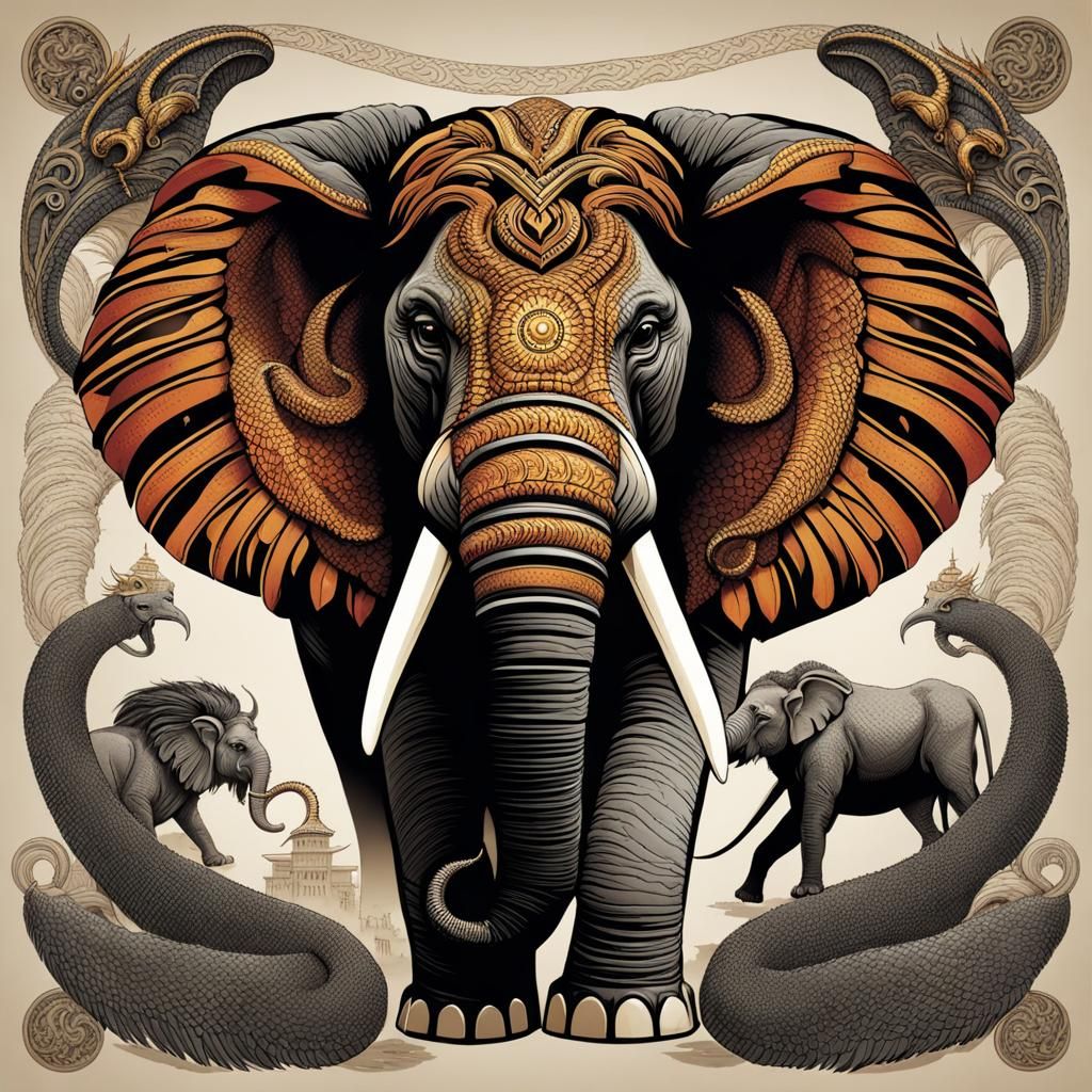 Hybrid Elephant with Dragon Wings and Lion Mane