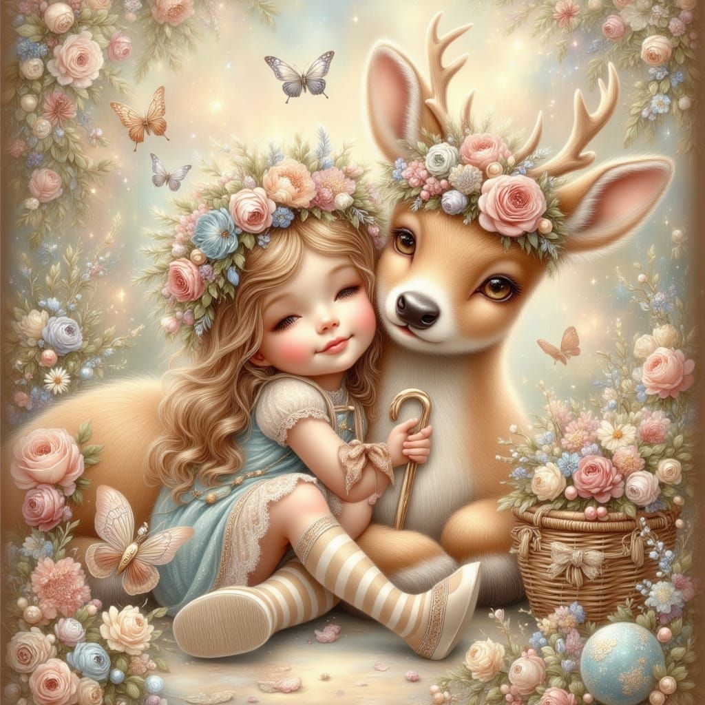 Whimsical Woodland Fairytale: Child and Deer with Flower Cro...