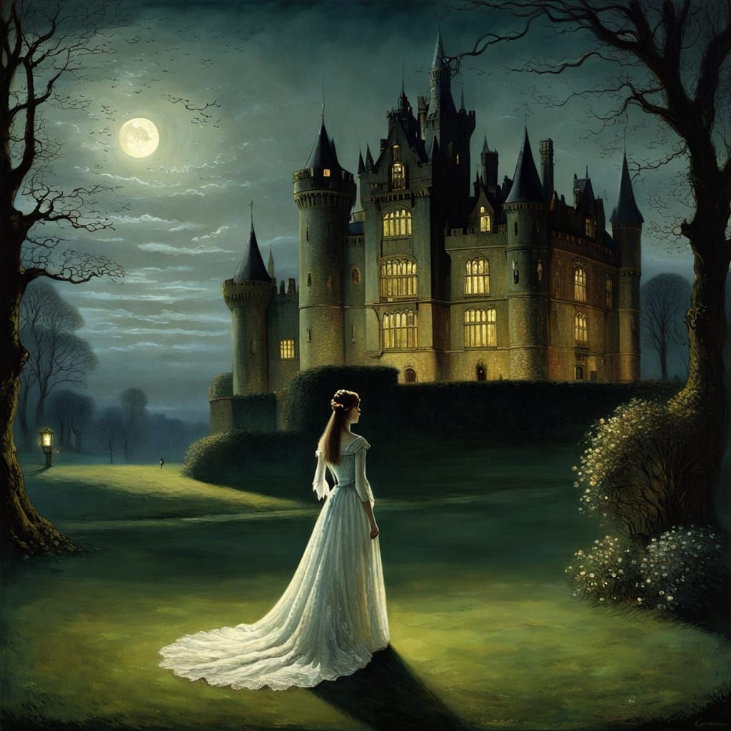 Woman in White Gown Before Gloomy Castle