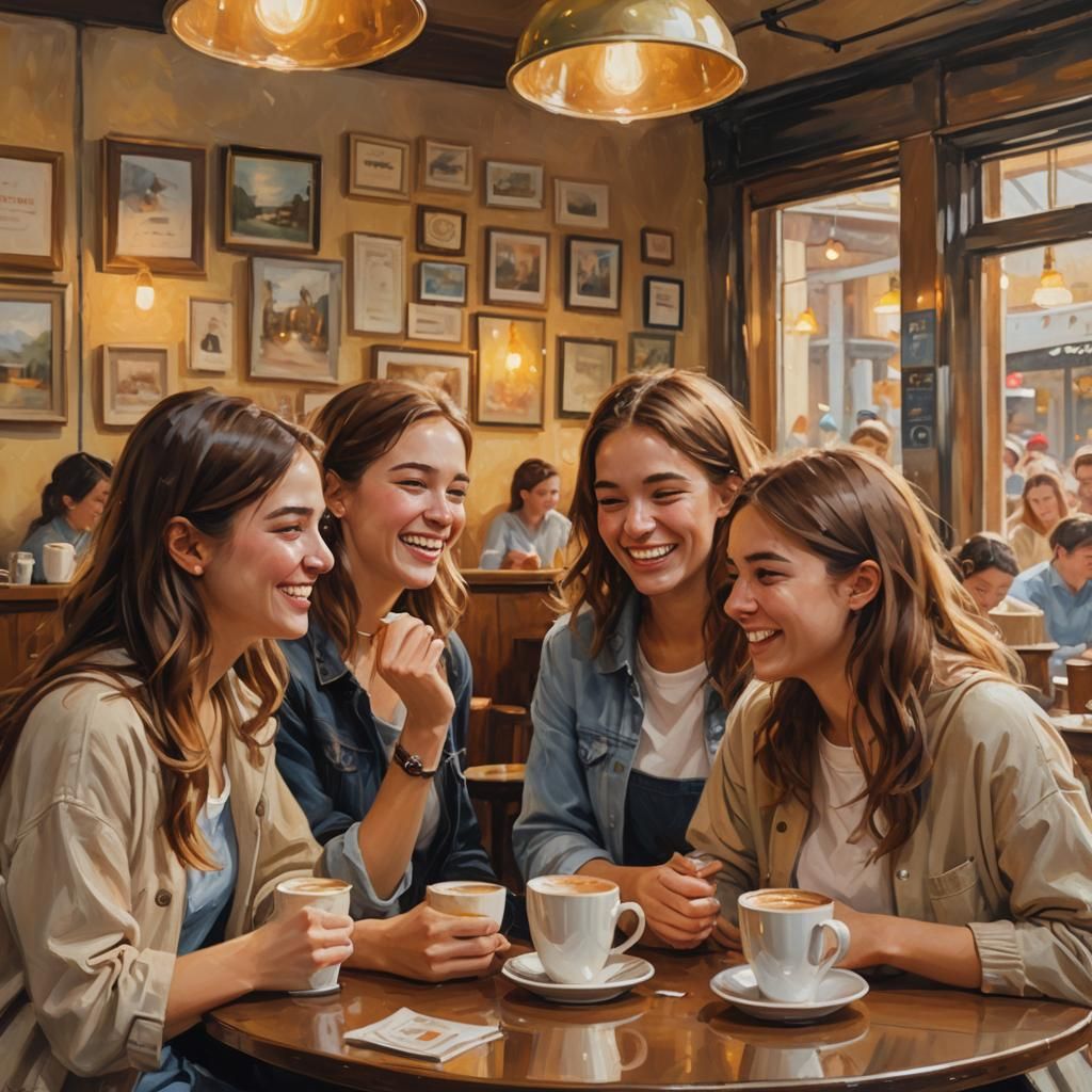 Girls Chatting in Cozy Coffee Shop as Impressionist Painting