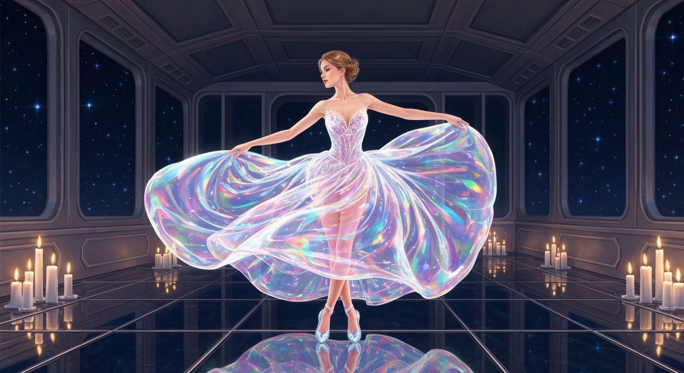 Ethereal Woman in Glass Gown Dances on Spaceship Ballroom