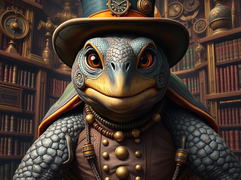 Steampunk Tortoise in Elegant Fashion in the Grand Library