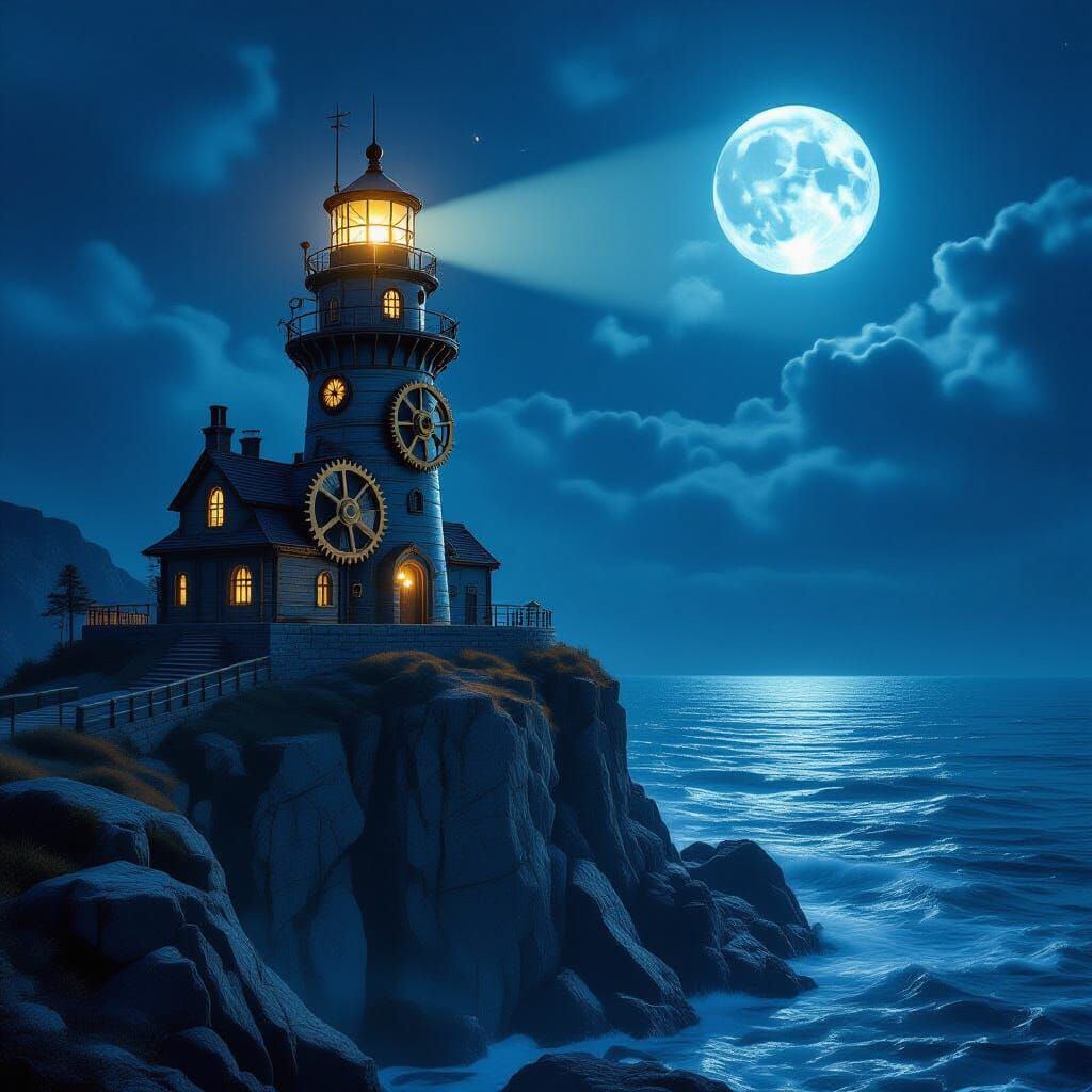 Steampunk Lighthouse on Rocky Cliff in Matte Painting