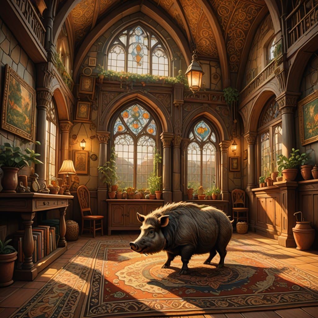 Gingham Print of a wild boar hidden in the rugs of a castle