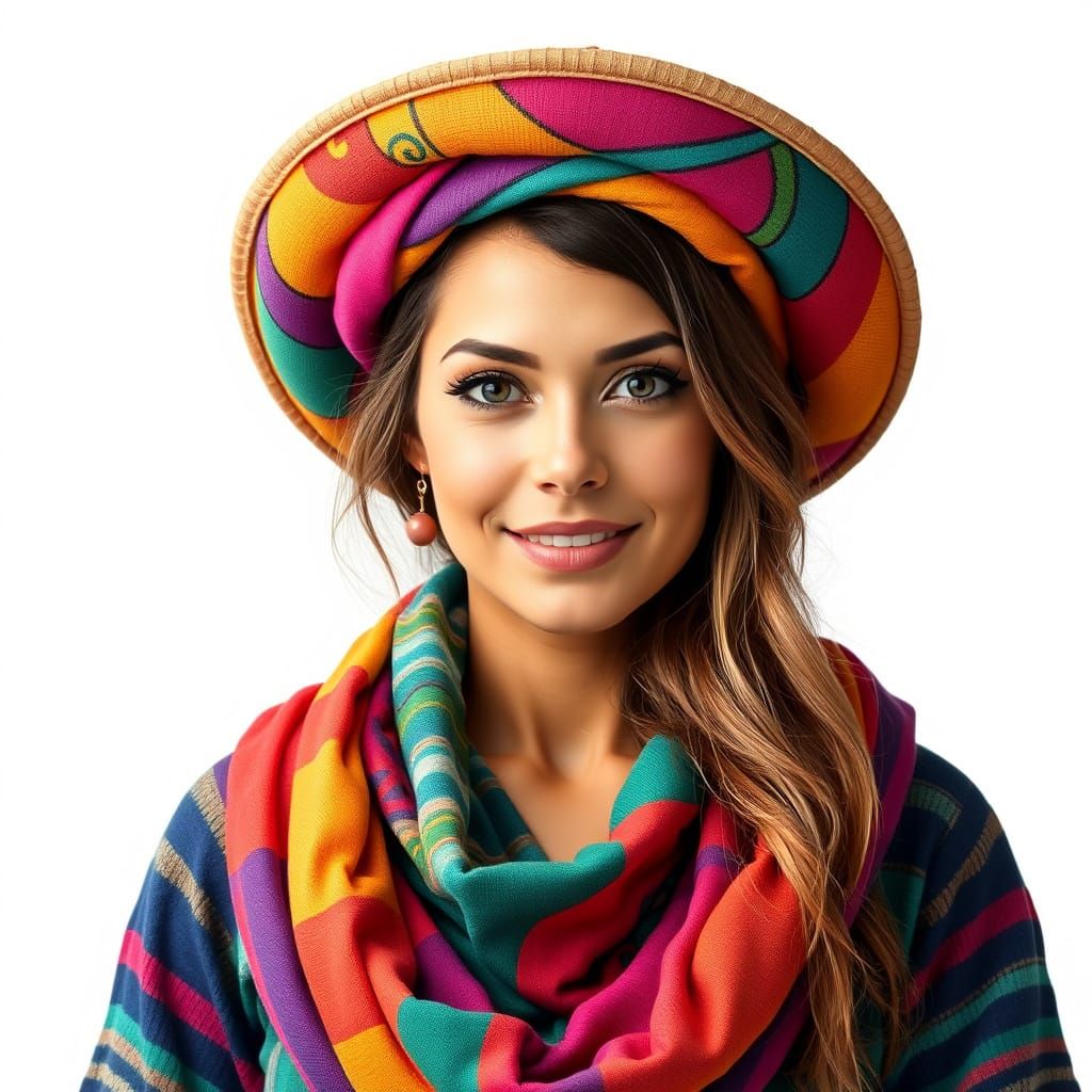 Beautiful Woman in Vibrant Hat and Cloak, Airbrushed in Pixa...