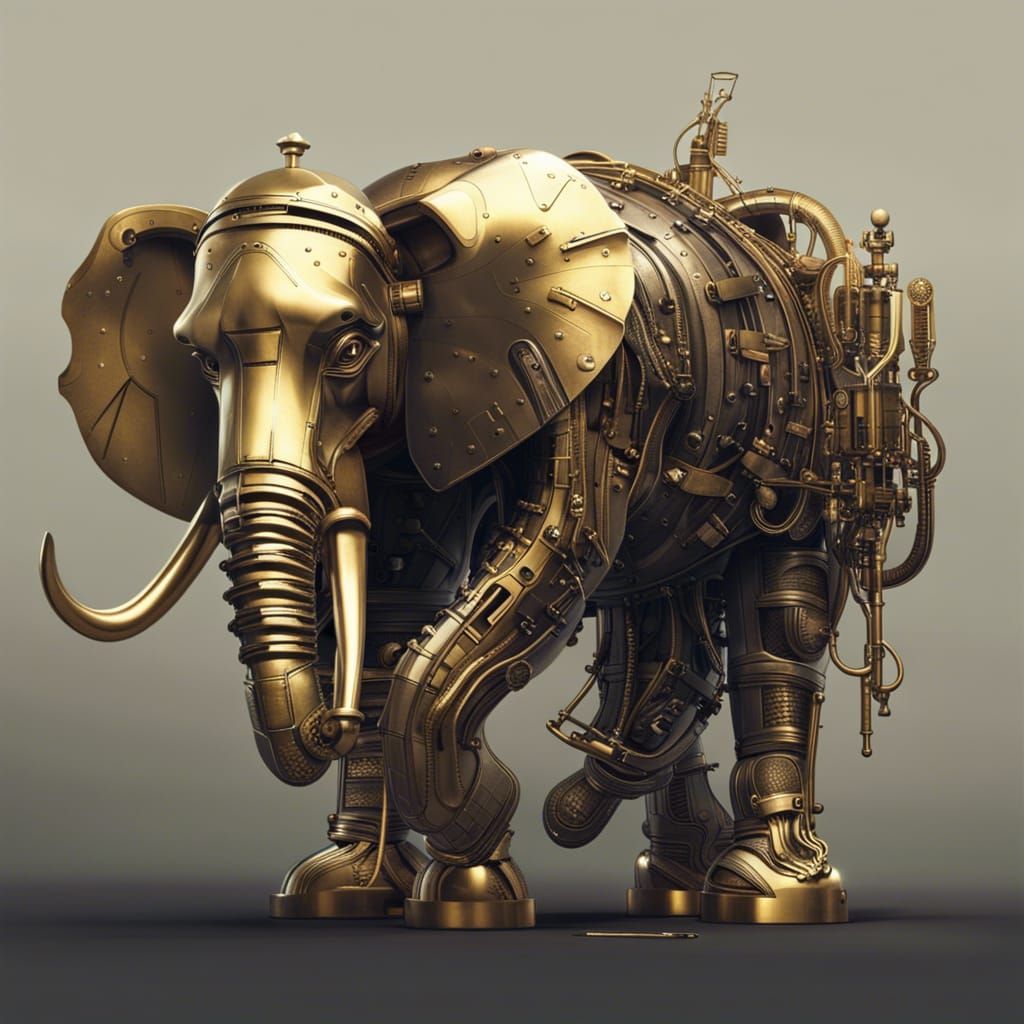 Brass Cyborg Elephant in Cyberpunk Art Style