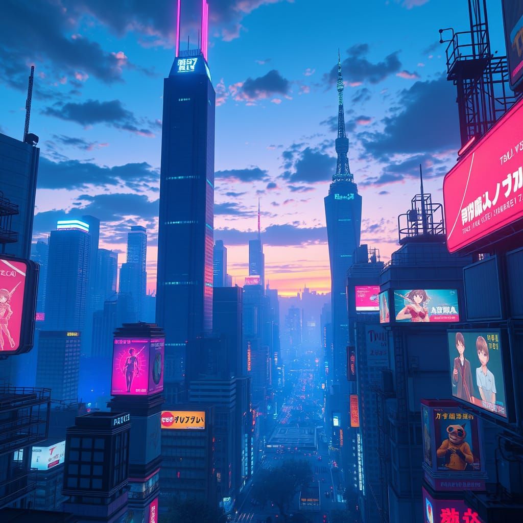 Cyberpunk Futuristic Cityscape at Dusk in 3D Anime Style