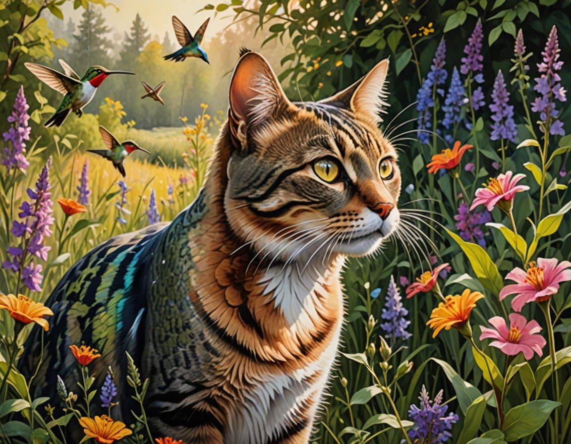 Surreal Tabby Cat Watches Iridescent Hummingbirds in Lush Me...