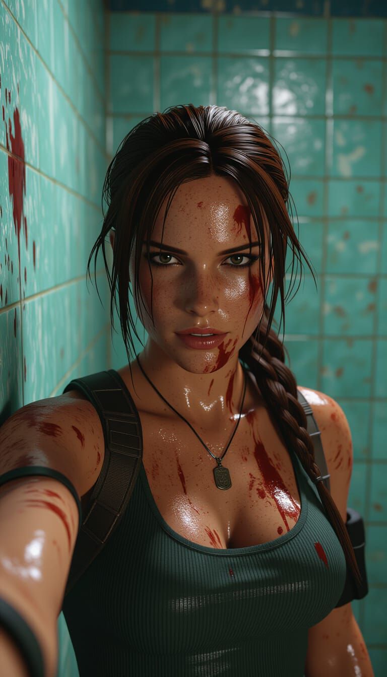 Lara Croft Selfie in Grimy Bathroom