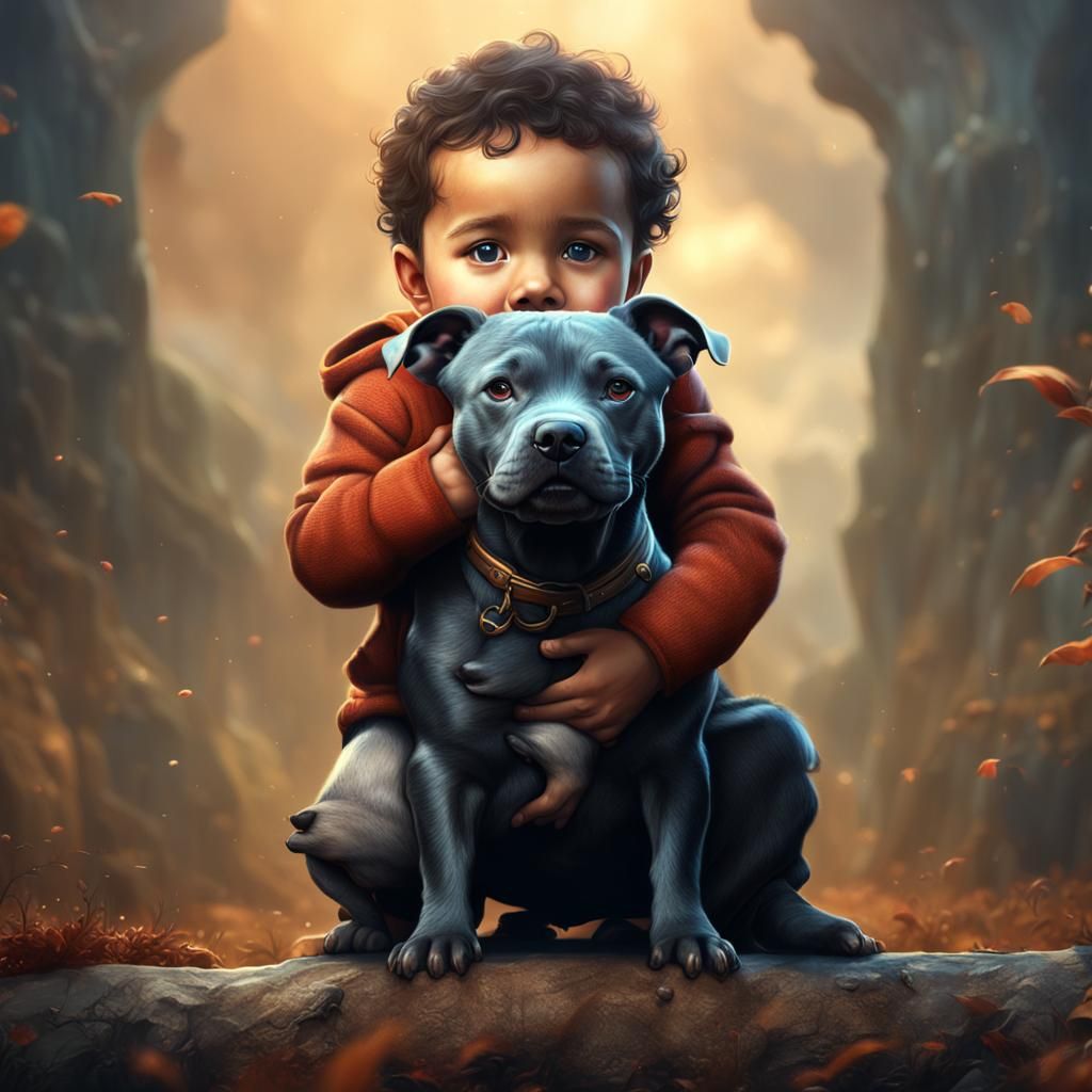 Cute human baby hugs staffordshire bull terrier